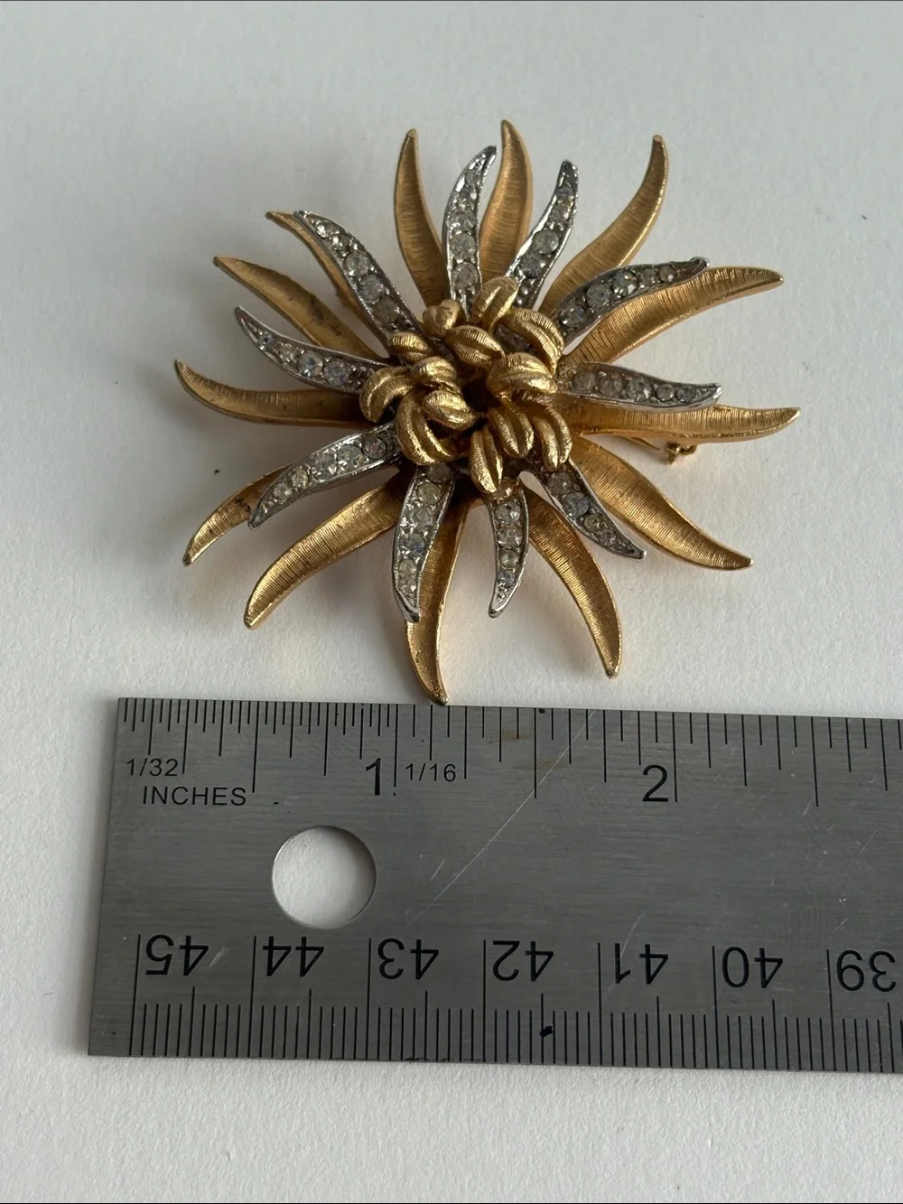 Vintage Coro Gold Rhinestone Chrysanthemum Flower Brooch 1950s–60s